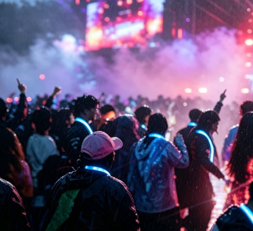 Rain exposed outdoor music festival with attendees wearing waterproof TPU light up lanyards